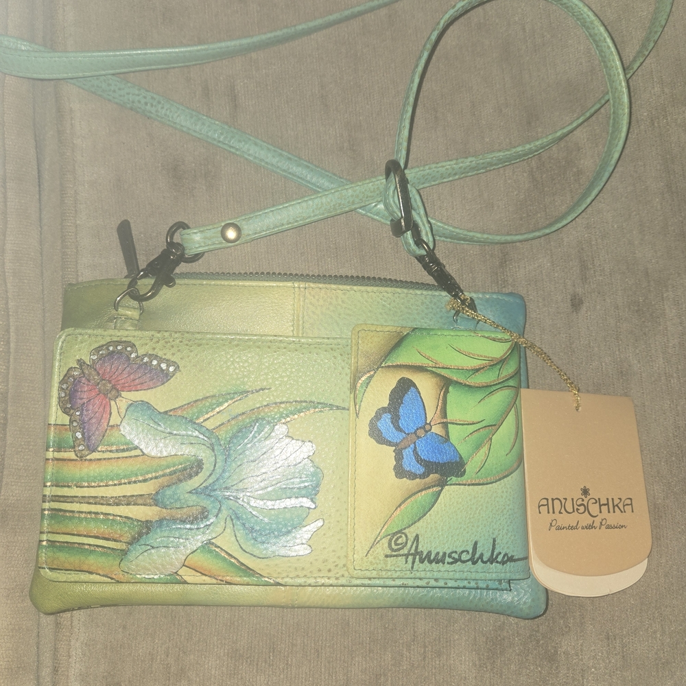 Anuschka Hand-Painted Green Floral & Butterfly Crossbody